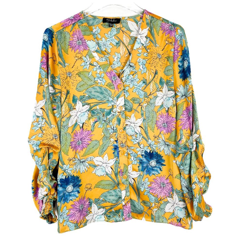 RD & Koko Floral Shirred Long Sleeve V-Neck Top Size Large L EUC L2730